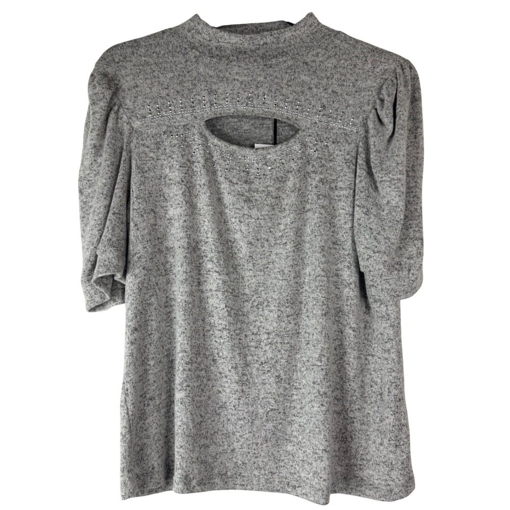 A Love Story Gray Speckled Mock Neck Cutout Rhinestone Puff Sleeve Soft‎ Top XL